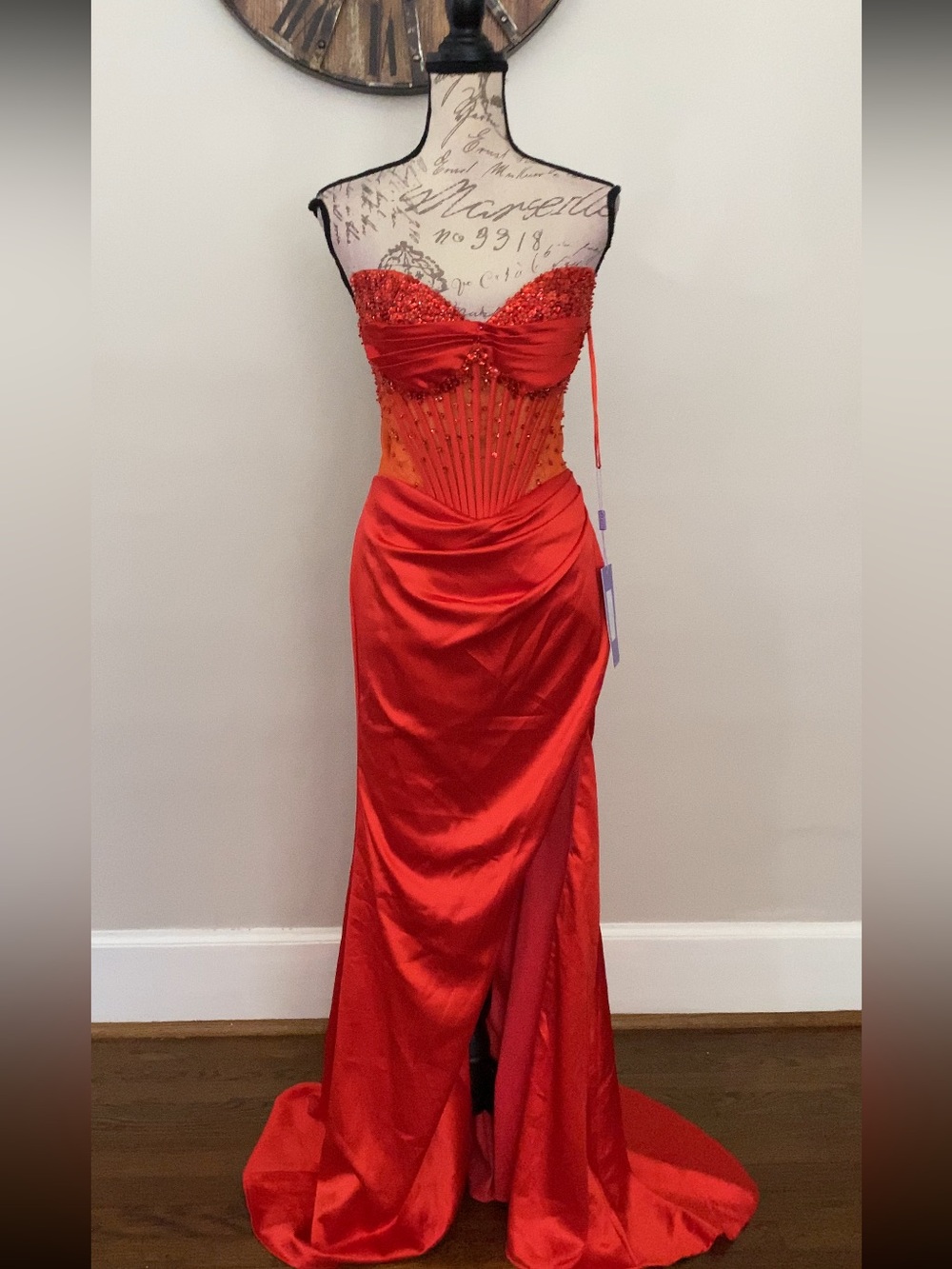 Orange evening gown, corset prom dress or formal with leg slit